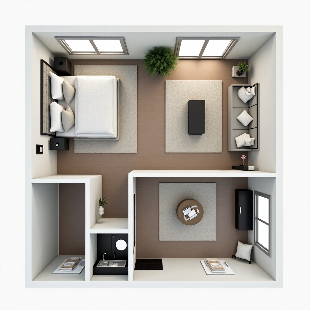 Top-down view of an apartment. Includes bedroom, lounge, bathroom, entrance hall, kitchen. Clean and modern design.