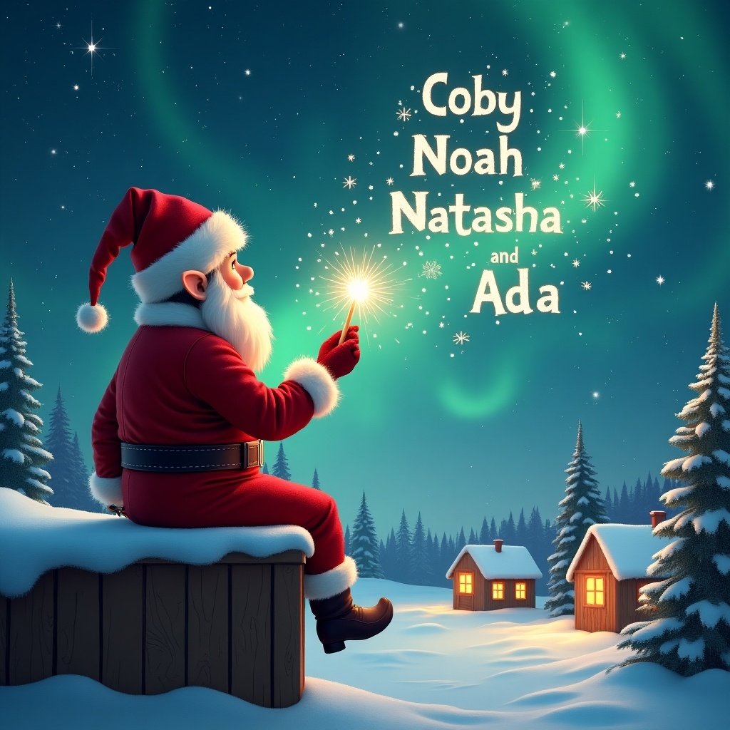 Father Christmas sits on a wooden ledge, gazing at a magical sky filled with Northern Lights. The elf, dressed in a vibrant red outfit with a pointed hat, holds a sparkling wand. With grace, the elf writes the names 'Coby', 'Noah', 'Natasha', and 'Ada' in the starry sky. Below, charming little houses and evergreen trees create a picturesque snowy landscape. This whimsical scene embodies the spirit of Christmas and childhood wonder, enhanced by the enchanting atmosphere of the shimmering lights above.