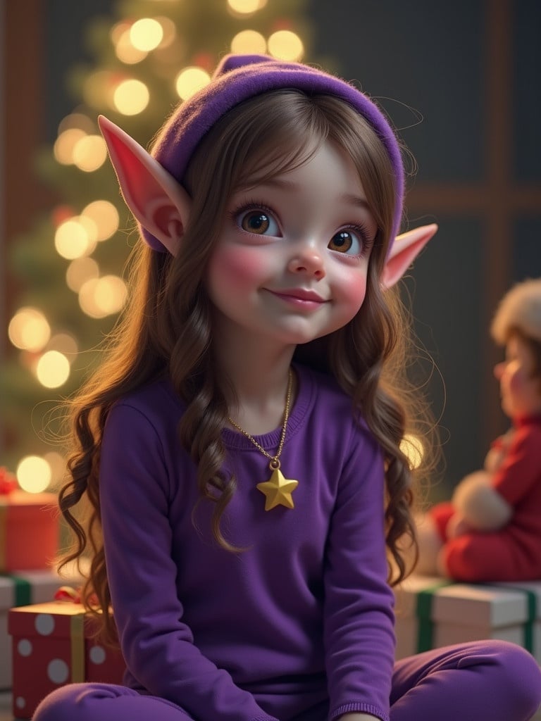 Girl elf with pointed ears wears purple attire. Sitting in front of festive Christmas scene with presents. Background has soft warm lights. Scene evokes holiday cheer and magic.