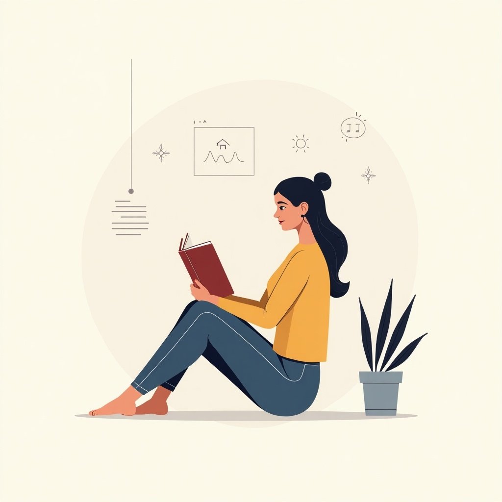 Flat design with minimalistic line art shows a woman sitting and reading a book. Simple background with a plant and soft colors. Emphasizes relaxation and self-improvement.