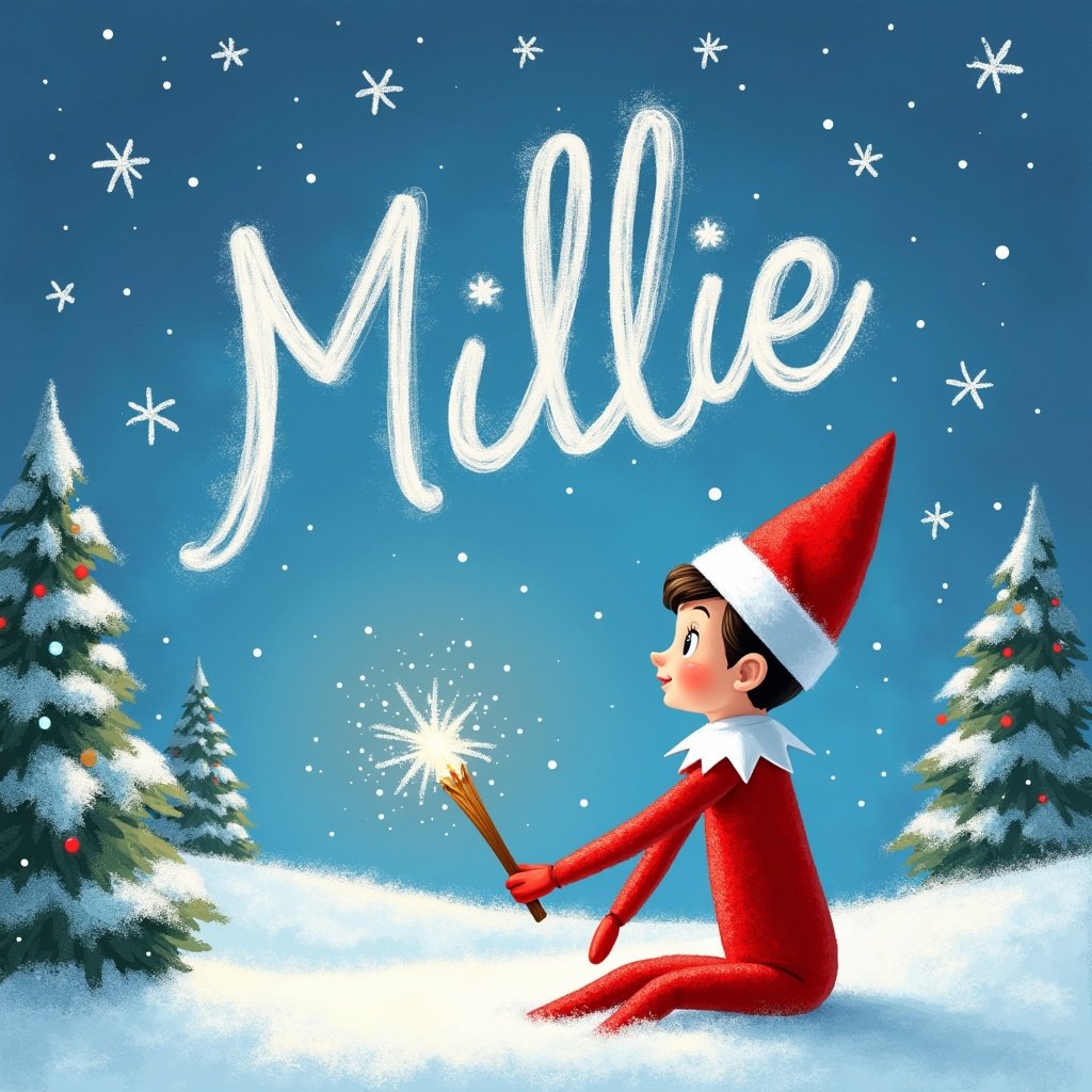 Create an illustration of an elf on the shelf in a snowy scene. The elf is writing the name Millie in the sky with a wand. Include festive elements like Christmas trees and snowflakes.