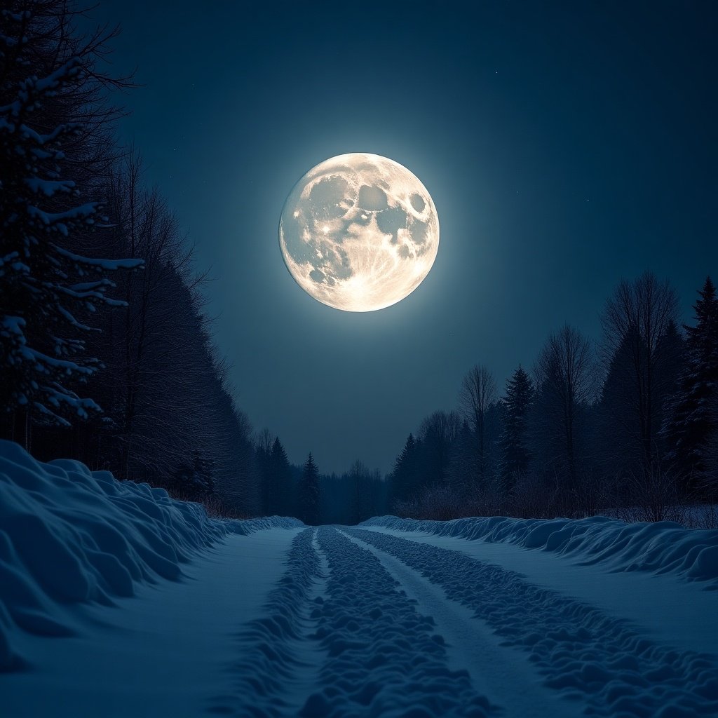 A vivid moon illuminates a quiet snowy winter night. A wide path lined with trees is visible. Snow blankets the ground and moonlight adds a soft glow.