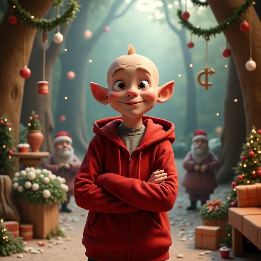 Whoville character stands confidently in a magical forest surrounded by holiday decorations. The character is bald wearing a striking red hoodie. Background features trees decorated for the holidays creating a cheerful and imaginative scene. Suitable for older audiences.