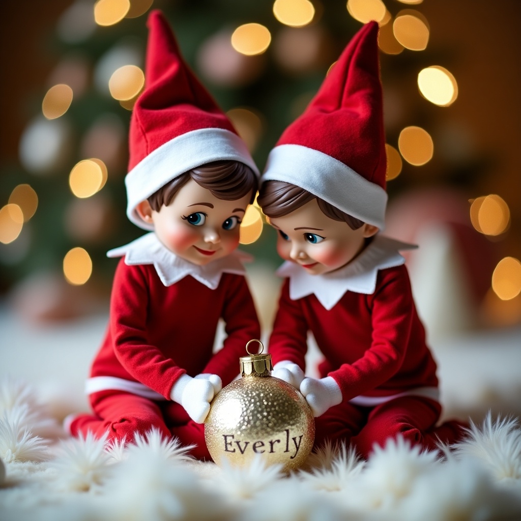 The image features two adorable Christmas elves sitting closely together. They are wearing matching red outfits with white trim and festive hats. The elves are focused on a sparkling bauble on the ground, personalized with the name 'Everly.' Surrounding them are soft, fluffy decorations that evoke winter magic. In the background, a beautifully lit Christmas tree twinkles in soft colors, adding warmth to the scene.