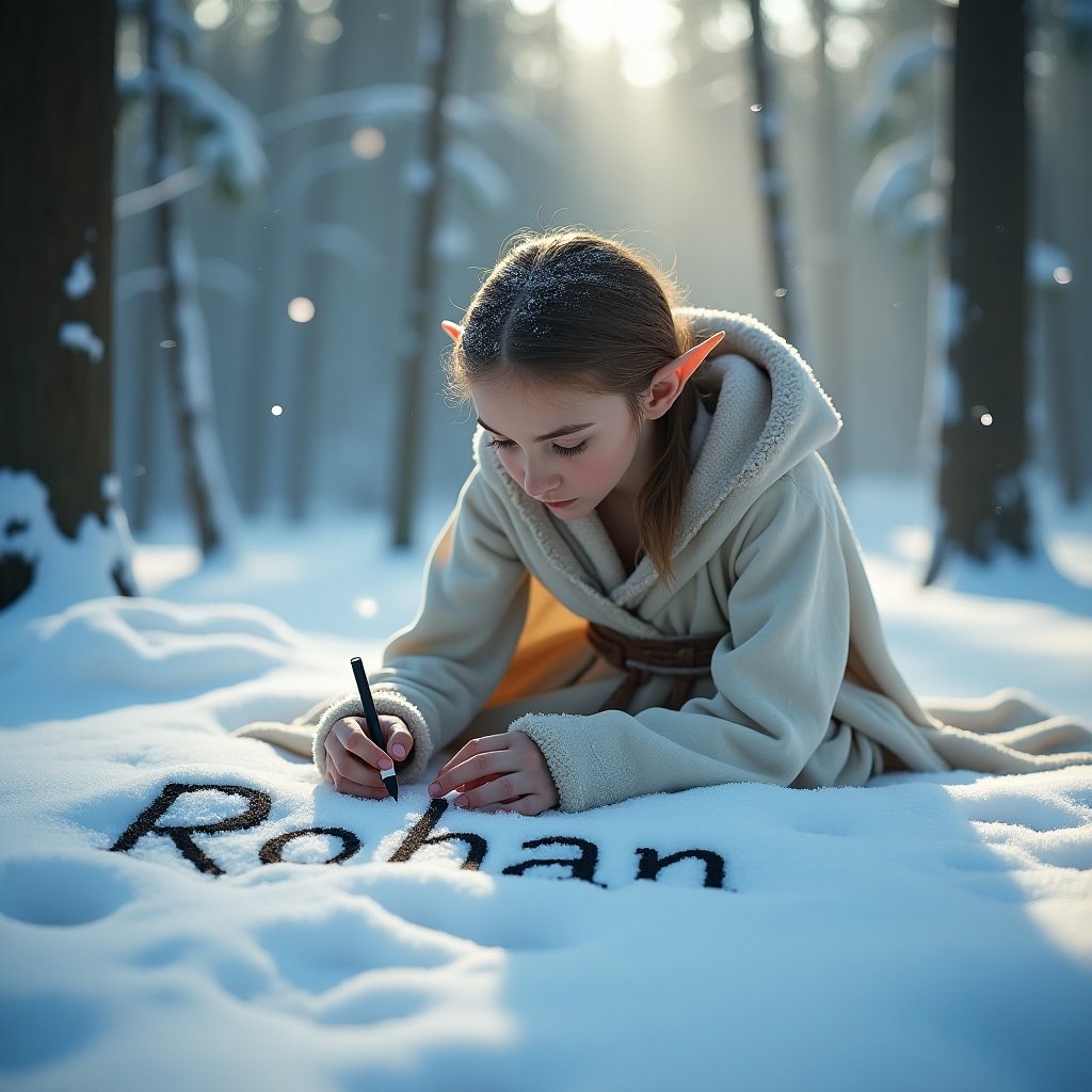 Elf writing name Rohan snow. Soft winter light illuminates peaceful scene. Elf has long ears, wearing light robe. Snow covers ground and trees. Calm magical vibe surrounds.