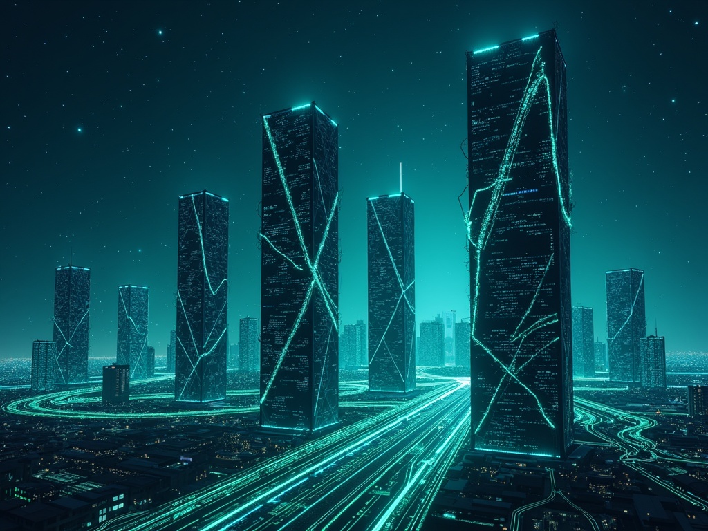 Dark blue starry background showcases a futuristic cityscape. Foreground features towering corporate buildings with cracks. Glowing green and blue digital lines weave through the structures.