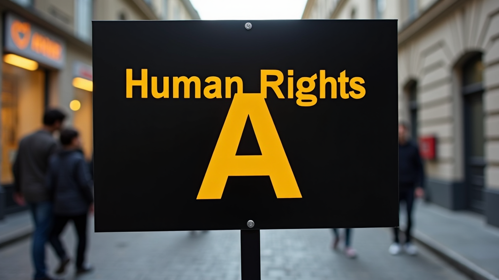 A black sign with the words 'Human Rights' in bold yellow letters stands on a city street.