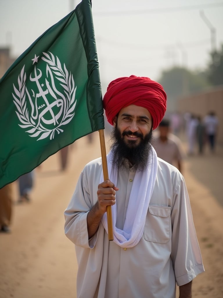 An individual holds a green flag with white script. The individual stands on a dirt road surrounded by others. The flag showcases religious symbols and text. The scene conveys a sense of cultural expression and identity.