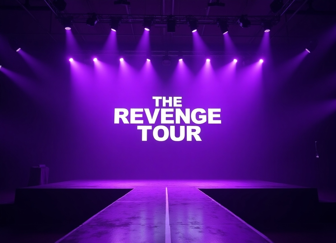 This image showcases a concert stage designed for 'THE REVENGE TOUR'. The stage features an extension that resembles a runway leading towards the audience. Purple lights cast an ethereal glow over the entire area, setting a dramatic atmosphere. The backdrop prominently displays 'THE REVENGE TOUR' in bold white letters. This setup is ideal for engaging fans and creating an unforgettable live music experience.