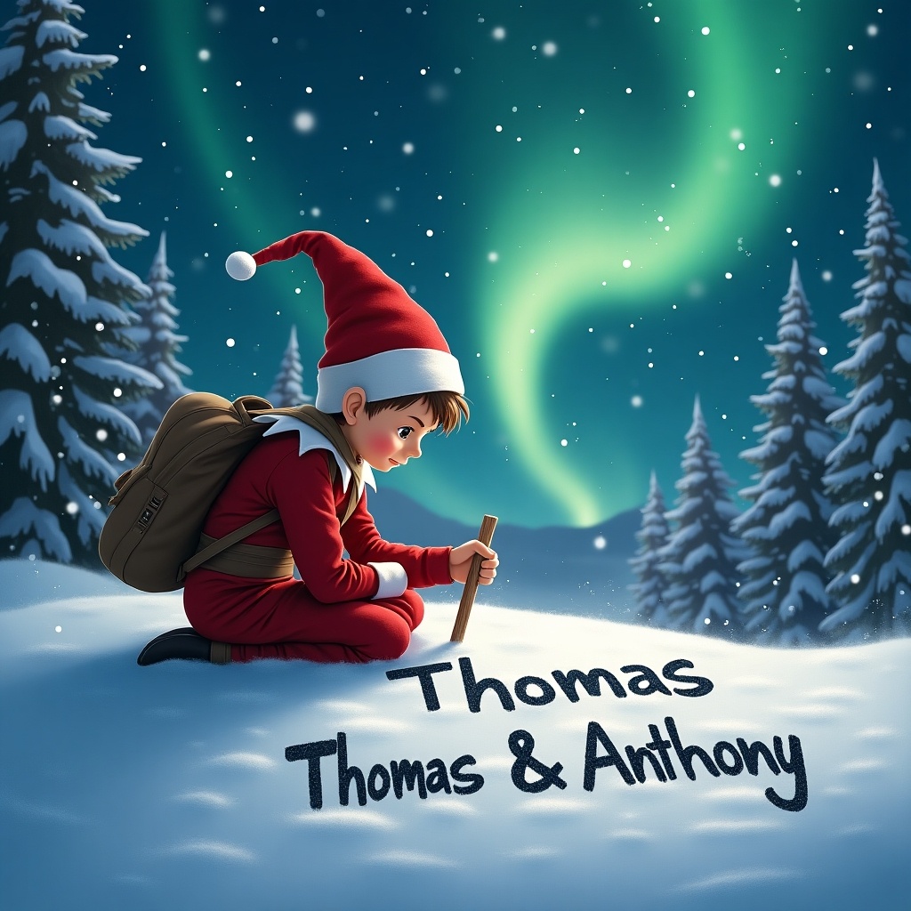 A charming scene featuring a boy elf on the shelf, dressed in a red outfit and pointing towards the ground. He is writing the names 'Thomas & Anthony' in the snow with a stick. The background is a magical Christmas setting, embellished with sparkling northern lights dancing in the sky. Snow-covered pine trees surround the scene, creating a winter wonderland. Santa Claus can be seen in the distance, adding to the festive atmosphere. The image radiates warmth and joy, perfect for the holiday season.