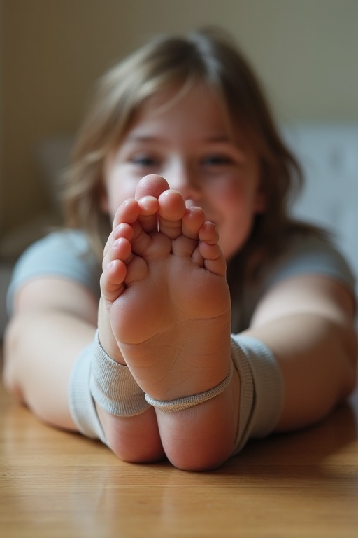 Teen shows off the soles of her feet wearing one sock. Feet are crossed over each other on the floor. Hardwood surface in a cozy room.