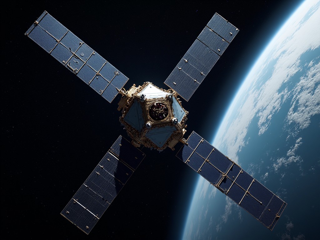 A detailed image of a satellite orbiting Earth, with solar panels extended and the planet visible in the background.