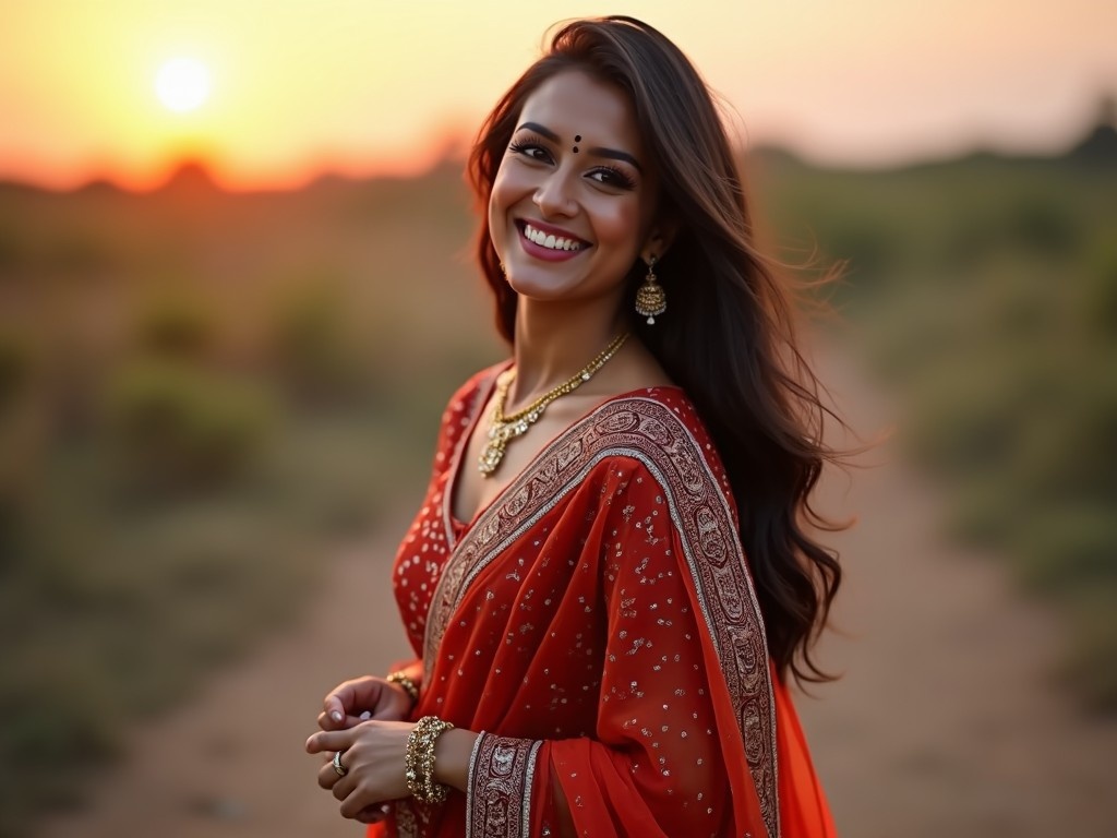 The image features a smiling Indian woman dressed in a vibrant red saree with intricate gold embroidery. She stands on a dirt path surrounded by lush greenery, with the warm glow of a sunset in the background. Her long hair flows gently in the breeze, emphasizing her joyful expression. Elaborate gold jewelry complements her outfit, enhancing her traditional beauty. The scene captures a moment of cultural elegance and warmth, perfect for showcasing Indian fashion.