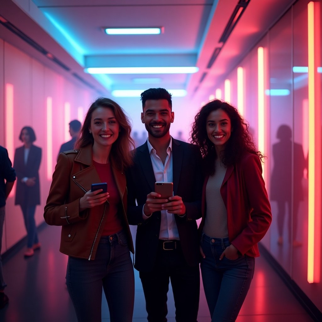 Three individuals stand together in a futuristic environment. They hold smartphones and show happy expressions for a recent announcement. Neon lights illuminate the scene, creating a dynamic atmosphere.