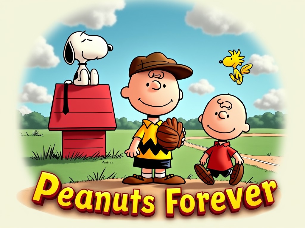 This vibrant illustration features iconic characters from the 'Peanuts' series, showcasing them in a cheerful and sunny setting. The central figure wears a baseball glove, accompanied by a friend, while another character sits atop a red doghouse, seemingly in a contemplative mood. The text 'Peanuts Forever' is prominently displayed at the bottom, adding a touch of nostalgic charm.