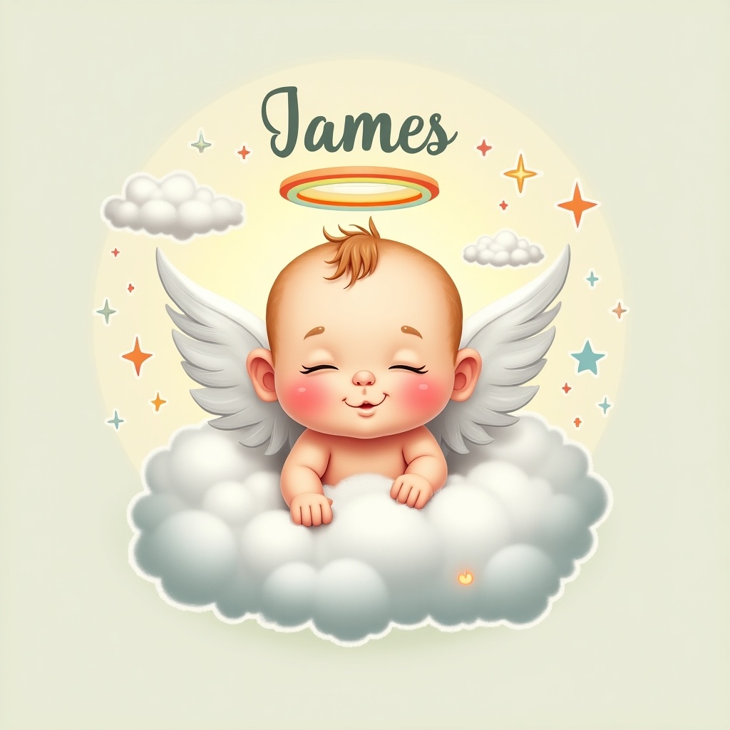 This illustration features a cute baby boy named James, depicted as an angel. He has a soft smile, with a halo above his head and delicate wings. The background includes fluffy clouds and stars, creating a whimsical atmosphere. The color palette consists of pastel tones, adding to the gentle vibe. This design would be perfect for nursery decor or baby shower themes. It's an enchanting representation of a little angel resting on a cloud.