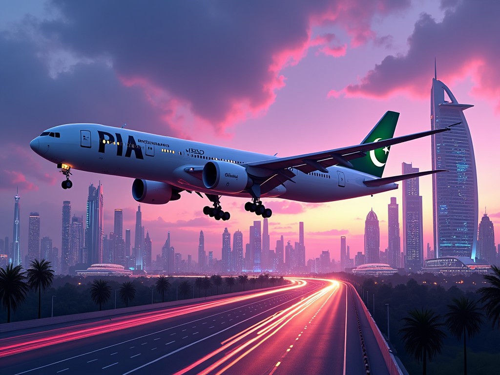 Create a high-resolution digital art scene featuring a large commercial airplane, specifically a Pakistan International Airlines (PIA) Boeing 777, flying low over a vibrant, modern cityscape at dusk. The city has tall, futuristic skyscrapers with bright blue and yellow lights glowing from the windows, creating a dynamic contrast with the purple and pink sunset sky. Show the aircraft in mid-flight with landing gear extended, capturing details like the green tail with the crescent and star emblem, as well as the white fuselage with the 'PIA' logo. In the foreground, depict a bustling highway with light trails from fast-moving cars and some palm trees for added depth. The overall mood should be lively and slightly surreal, emphasizing the futuristic city environment under a colorful sky.