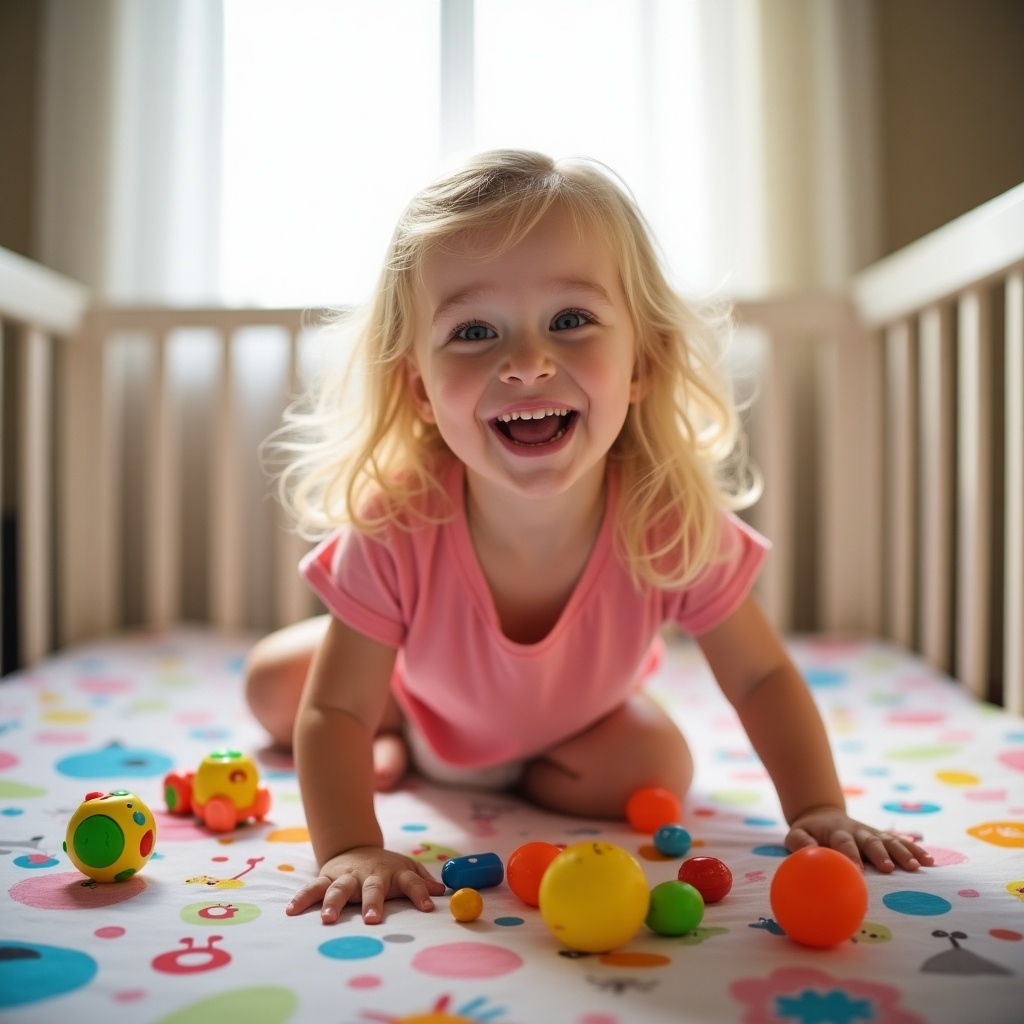 Joyful toddler plays in crib. Long blond hair. Wearing pink t-shirt and diaper. Colorful toys scattered on playful patterned sheet. Soft bright lighting creates warm atmosphere. Candid childhood moment.