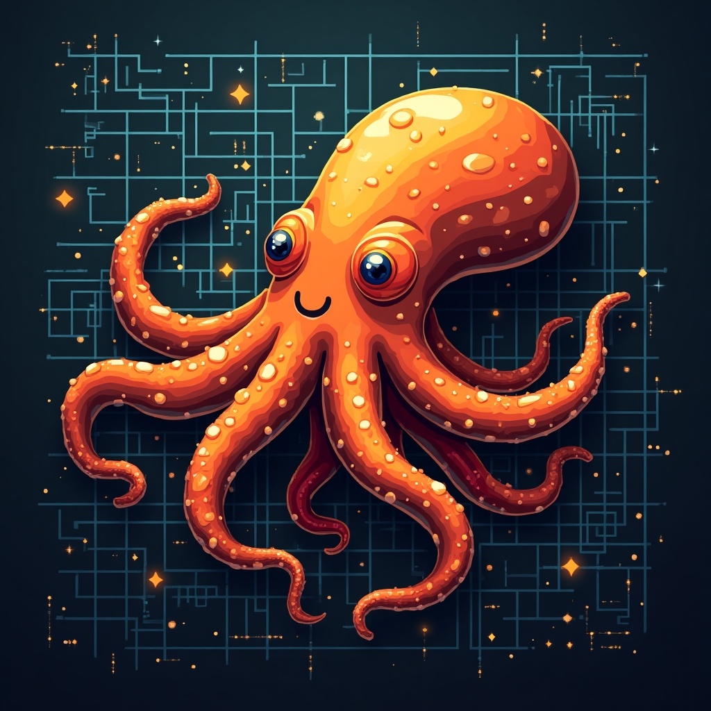 A cute orange octopus with big eyes and many tentacles. It is against a dark, digital-inspired background with grid patterns and glowing elements.