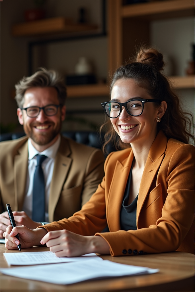 A smiling man and woman wearing glasses and matching brown blazers are sitting at a wooden table with paper and pen in a professional office setting.