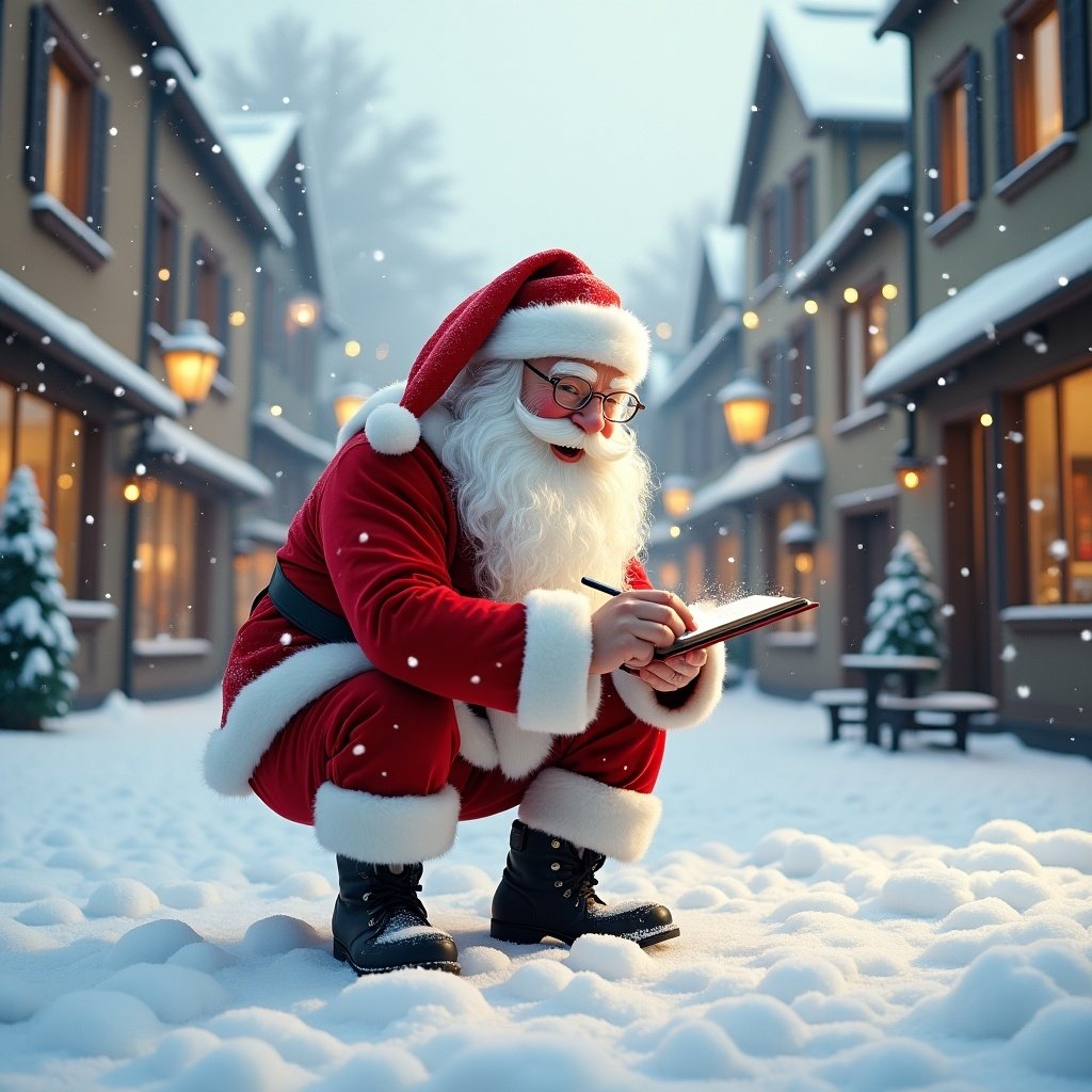 Santa Claus writing in the snow. Santa wears red and white clothing. The street is snowy with charming buildings. Soft winter light creates a cheerful holiday atmosphere.