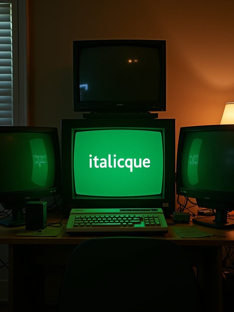 This image depicts an Amstrad CPC 464 with green text 'italicque'. A cozy retro-themed room with warm subtle lighting. Classic television serves as a focal point, enhancing nostalgia. Display has multiple monitors creating a tech ambiance.