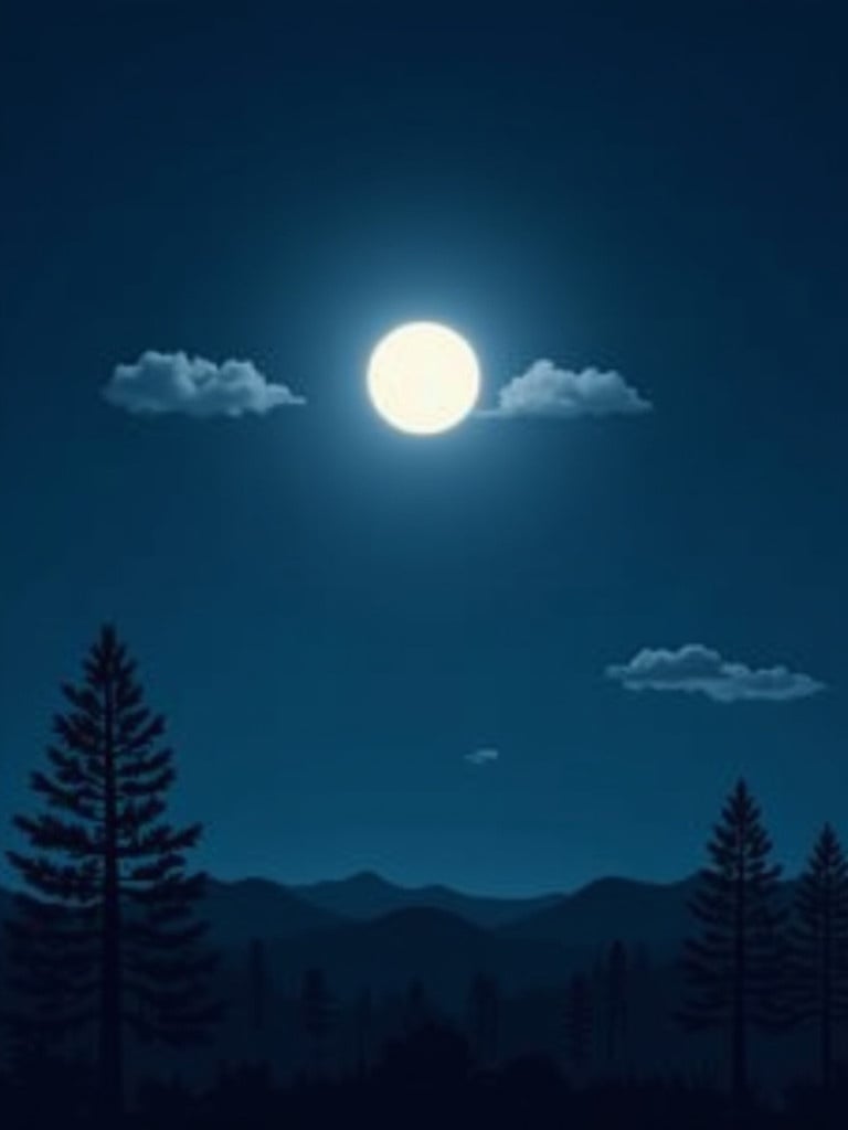 Image of a serene night scene with a bright full moon in the sky. Luminous moonlight casts soft light over the landscape. Dark blue colors create a nighttime atmosphere. Nearby clouds float gently. The horizon shows silhouettes of trees in a peaceful outdoor setting. Evokes calm and wonder.