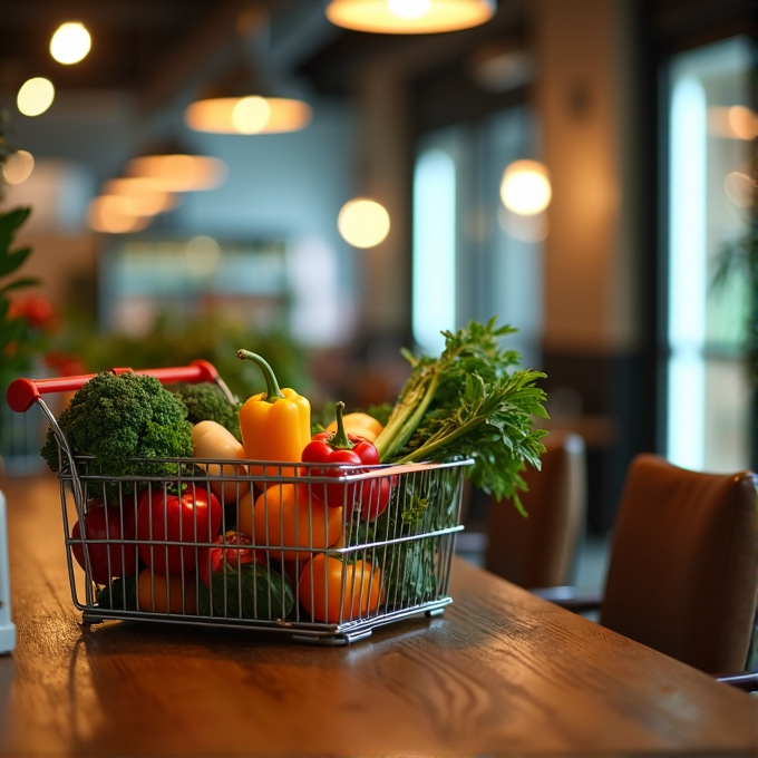 A basket full of colorful vegetables sits on a wooden table in a well-lit indoor space.