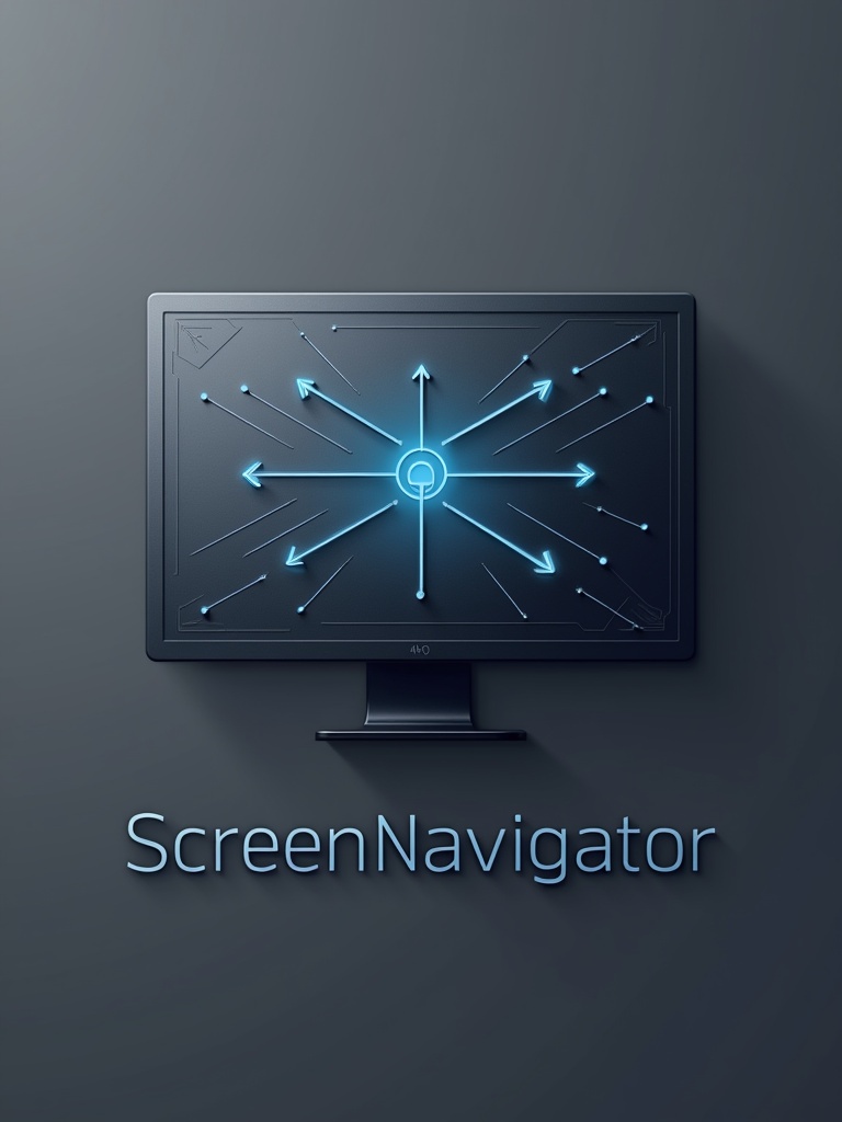 Minimalist logo design for software named ScreenNavigator. Dark gray rectangle represents high-resolution monitor. Geometric lines and arrows integrate seamlessly into the surface. Thin glowing blue lines with animated gradient are present, pulsing gently. Thin edges of the monitor reflect light creating ethereal quality. Sophisticated deep gray and soft blue colors reflect modern aesthetics. Sans-serif font below the monitor displays 'ScreenNavigator'.