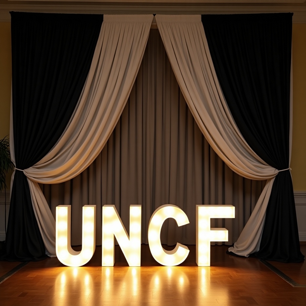 The image features an elegant backdrop with black and white drapes. In the center, there are large, light-up letters spelling 'UNCF'. The letters are about 5 feet tall and illuminated with warm lights, creating a soft glow. The overall setting exudes a classy and sophisticated atmosphere. This setup is perfect for events, particularly those related to education and fundraising.