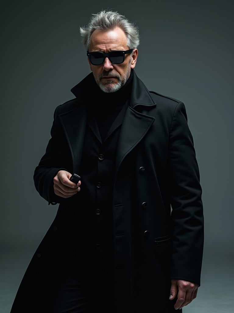 A middle-aged man wears a long black trench coat and reflective black sunglasses. He holds a compact device. Calm demeanor. Subtle smirk suggests knowledge. Environment manipulation occurs around him. Moves with confidence and purpose.