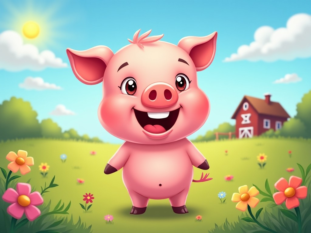 The image features a cheerful cartoon pig standing in a vibrant field of flowers. It has a big smile, bright eyes, and an appealing pink hue. The background includes a sunny blue sky and a quaint farm house. Colorful flowers surround the pig, emphasizing a playful and joyful atmosphere. This scene captures a sense of happiness and simplicity, making it ideal for children's content.