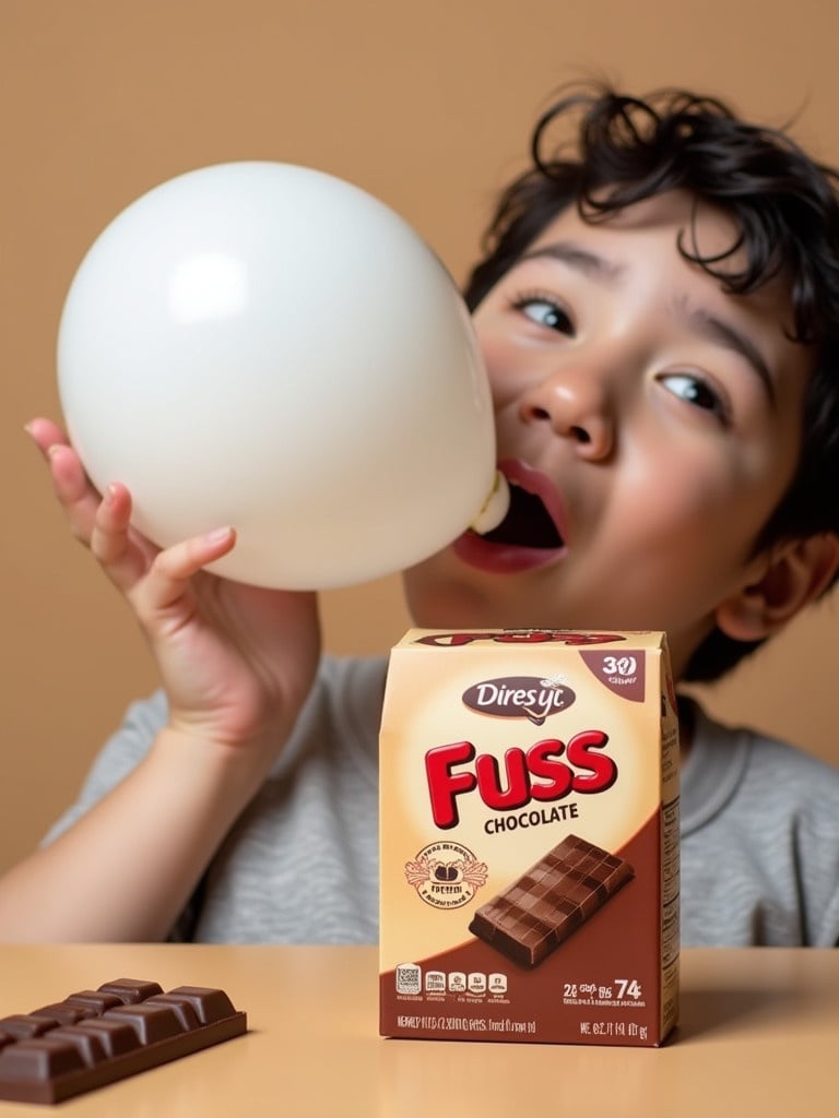 A child holding a large white balloon. Fuss chocolate packaging in front of the child. A chocolate bar is next to the packaging. The scene is lighthearted and fun.