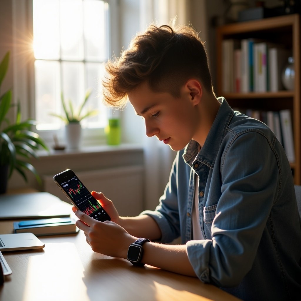 A young person buys stocks on a smartphone. The individual sits at a desk with bright sunlight coming through a window. The setting is casual and modern. A smartphone is visible displaying stock graphs.