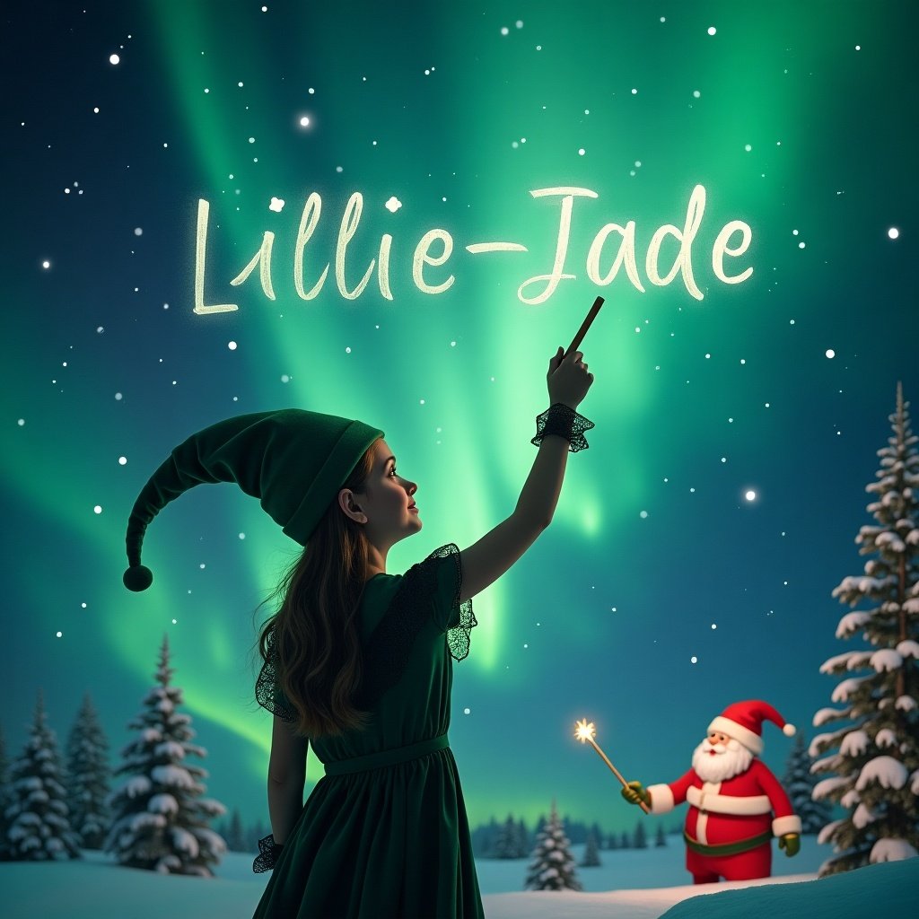 Elf facing magical sky. Wand used to write names in the air. Background has northern lights and Santa. Name written is Lillie-Jade.