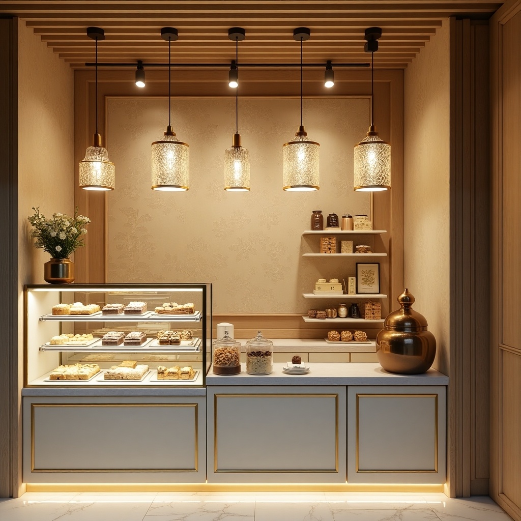 The image depicts a beautifully designed small bakery named Ina Cookies. It combines elegance with traditional Indonesian values. The store features a soft gold and ivory color palette, with natural wood and metallic accents. A pastel batik mural adorns the main wall, creating a sophisticated backdrop. The display case filled with cookies is highlighted by gentle LED lighting. Elegant hanging lamps inspired by Indonesian motifs add charm. There's also an interactive social media wall designed like a giant cookie jar. The warm lighting and soft instrumental music enhance the inviting atmosphere, making customers feel at home.