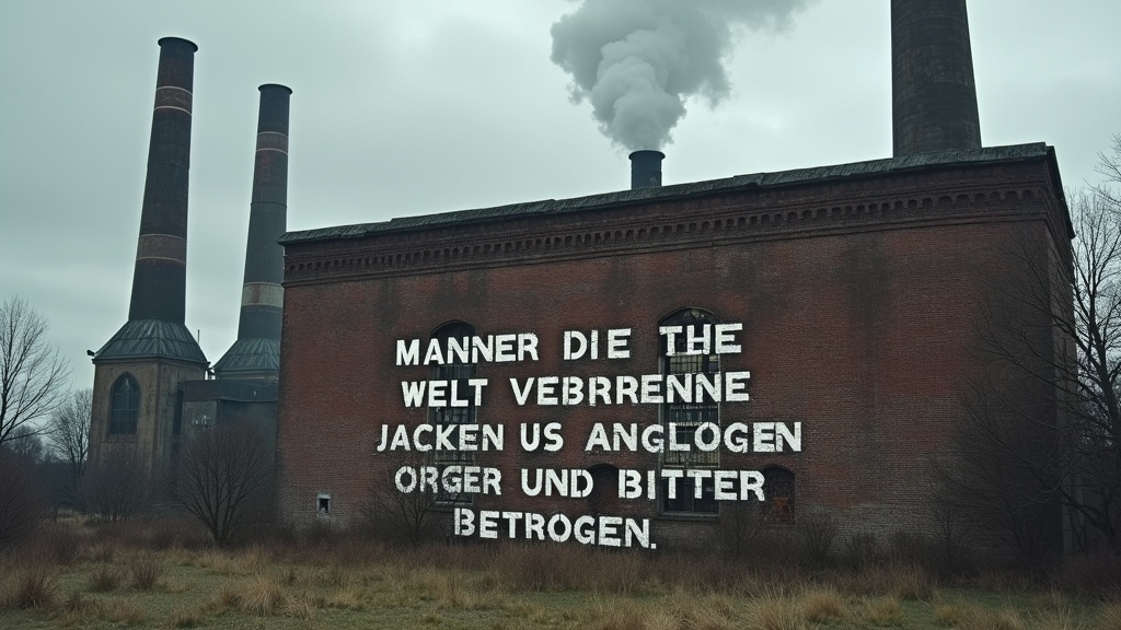 An abandoned factory stands under a gray sky. Tall chimneys emit dark smoke. A political message is spray-painted on a brick wall. The lettering is rough and rebellious. The setting feels desolate and industrial. 