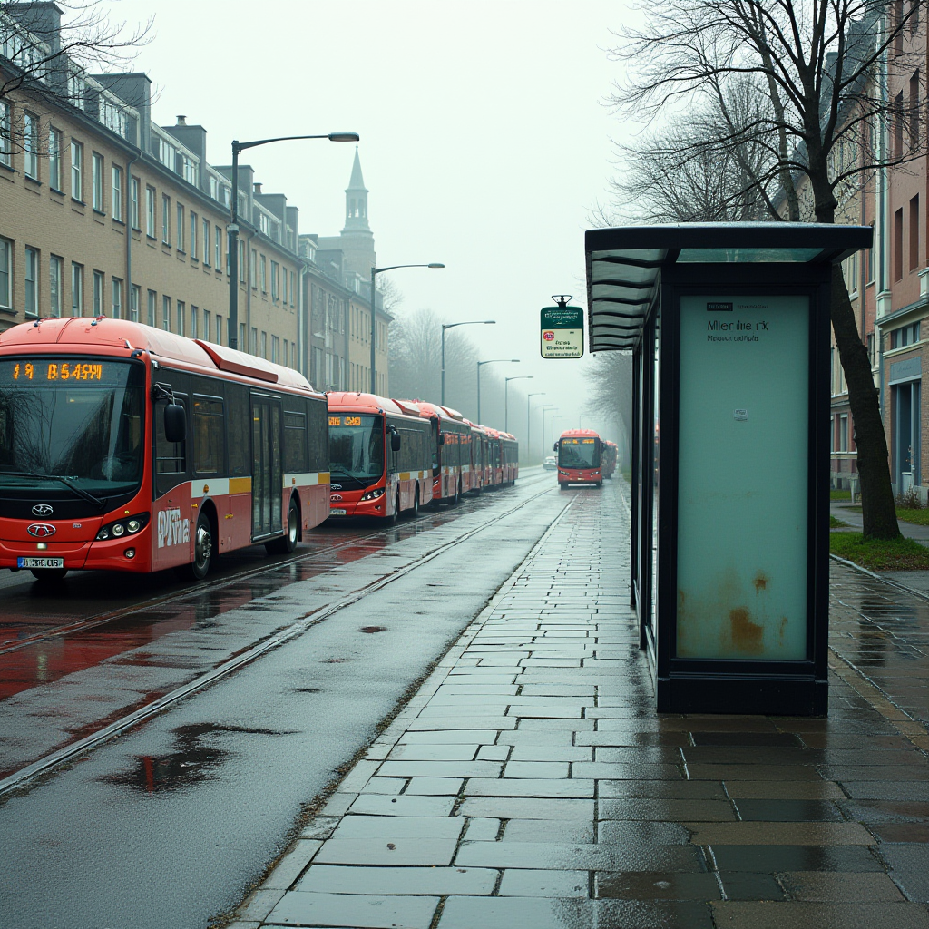 A series of red buses line up along a wet street beside a bus stop on a foggy day.