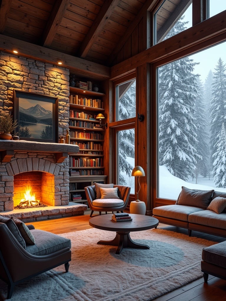 Indoor lavish rustic cabin library study living room in snowy landscape. Golden glow of crackling fireplace on wooden walls. Snow falling gently outside. Cozy safe warm setting with soothing sounds.