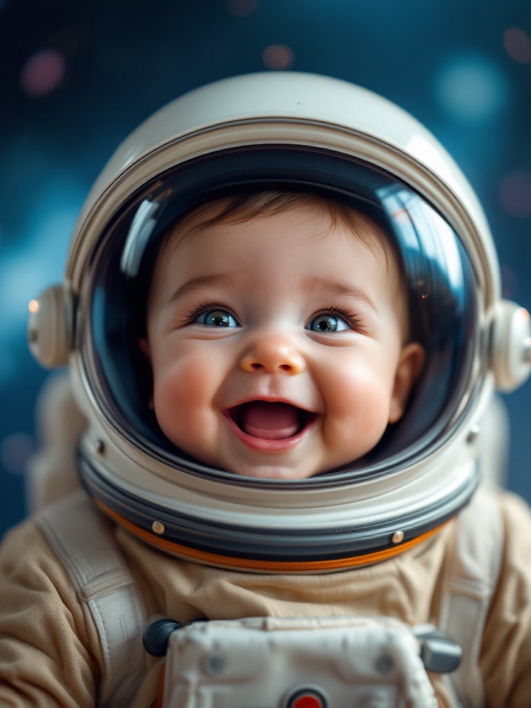 Close-up view of an astronaut's helmet reflective surface showing the word Quest. Happy and adventurous vibe. Background features a soft blur of stars and planets in outer space.