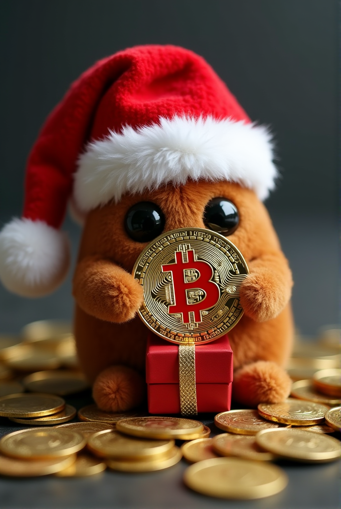 A cute toy hamster wearing a Santa hat holds a Bitcoin coin, surrounded by more coins.