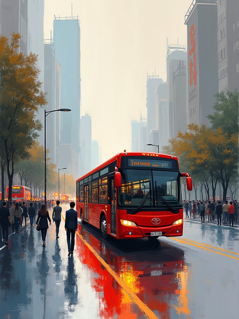 A red Zhongtong bus driving on a busy street. Tall city buildings in the background. People walking along the wet pavement. Gloomy weather. Abstract cityscape style.