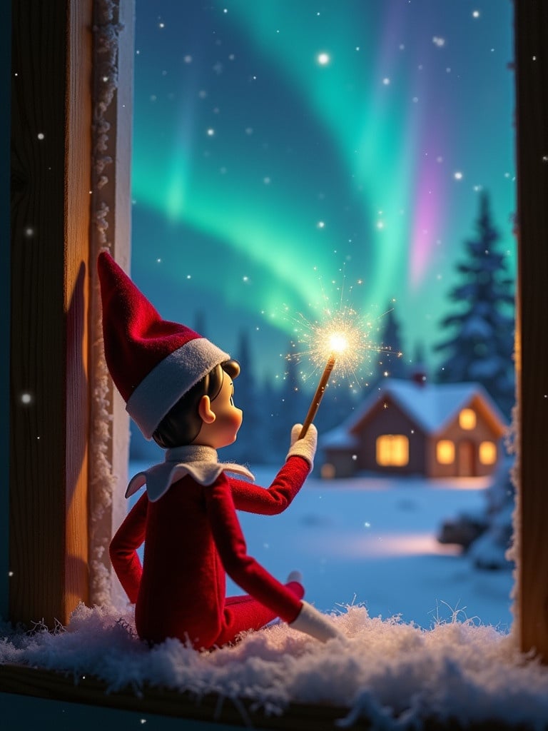 An elf on the shelf with its back to the viewer. The elf gazes skyward. The elf holds a glowing wand. Colorful northern lights light up the night sky. A cozy house is visible in the distance. The ground is covered in snow. The elf embodies the magic of Christmas. The names ‘Milan, Rodrigo, Angellee and Delilah’ appear from the wand.