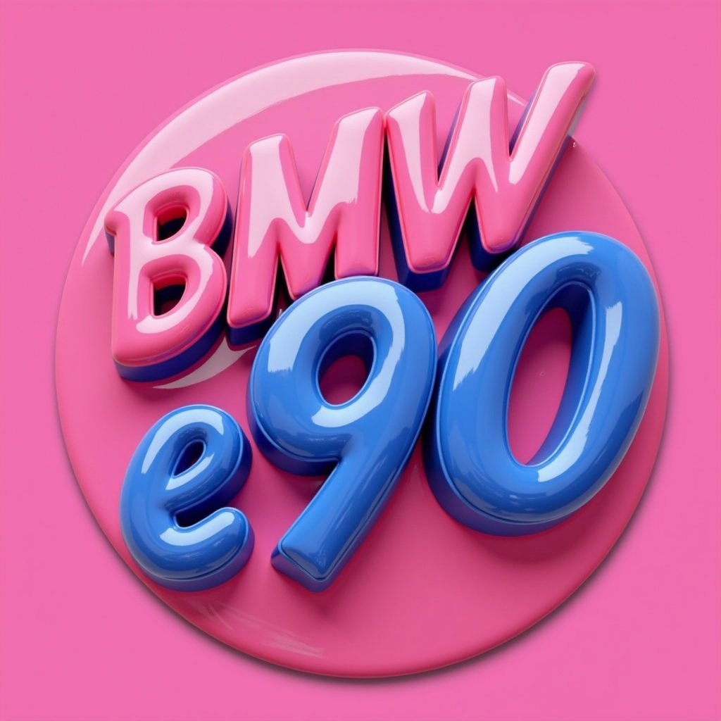 Glossy rounded 3D letters 'BMW' and 'E90' on a circular shape in vibrant pink and blue against a bold pink background.