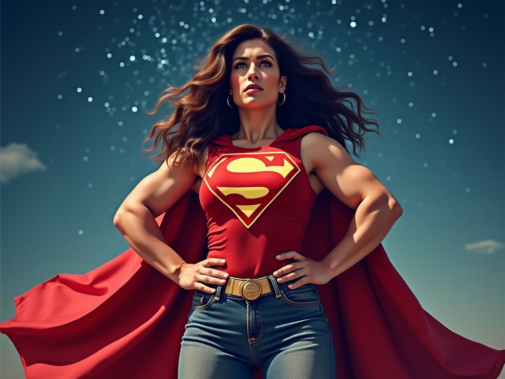 The image depicts a woman with impressive muscles dressed as a superhero. She wears a red superhero costume adorned with a prominent emblem. A vibrant red cape billows behind her, accentuating her powerful stance. The background features a stunning night sky, filled with countless stars shining brightly. The woman's confident pose showcases her strength and determination, embodying the spirit of a superhero.