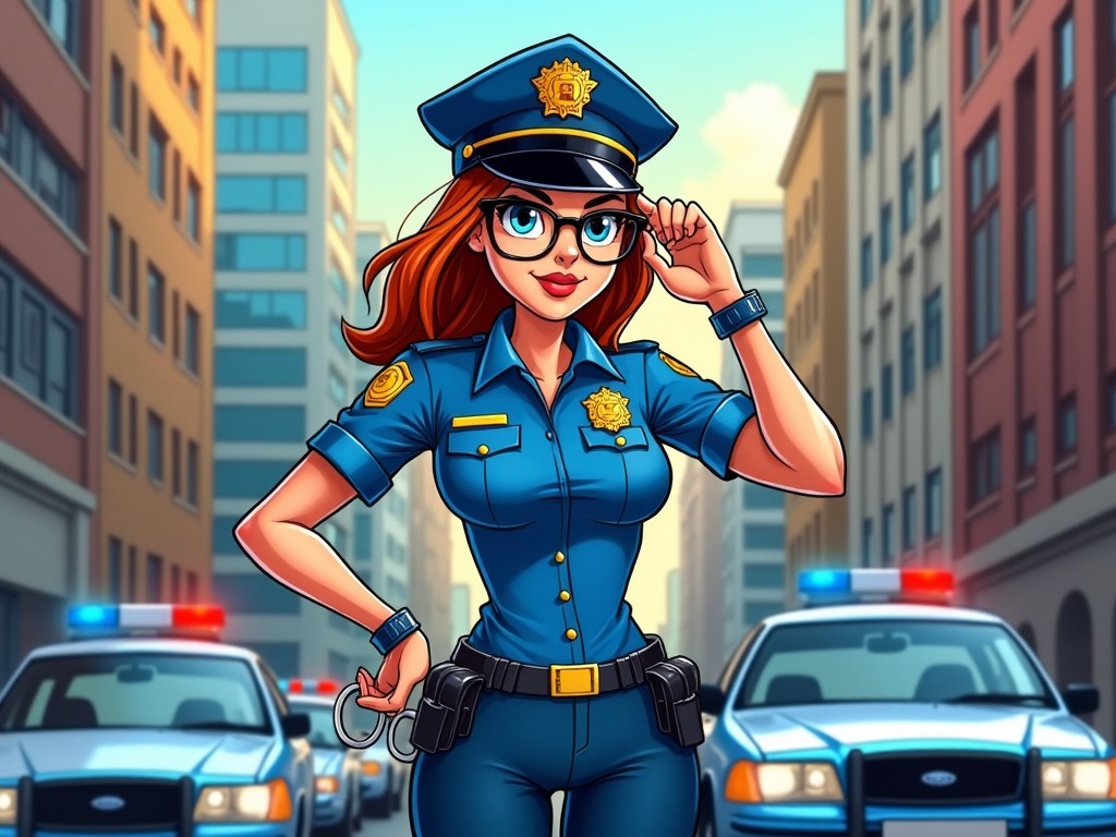 This image depicts a cartoon-style police officer in a vibrant urban environment. The officer has red hair, glasses, and is wearing a blue uniform with a police badge. In the background, there are police cars with flashing lights. The scene is lively and sunny, suggesting a cheerful atmosphere. The character is confidently posing with a playful expression, giving off a friendly vibe. This illustration combines elements of humor and heroism in law enforcement.