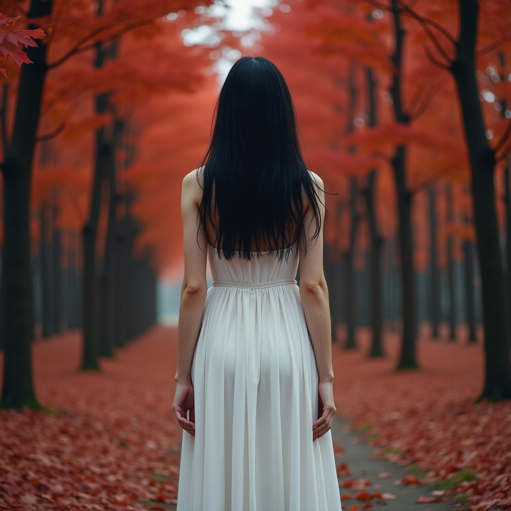 A woman in a long white gown stands in a forest surrounded by red autumn trees. Her long black hair covers her face. She is positioned in the center of the pathway.