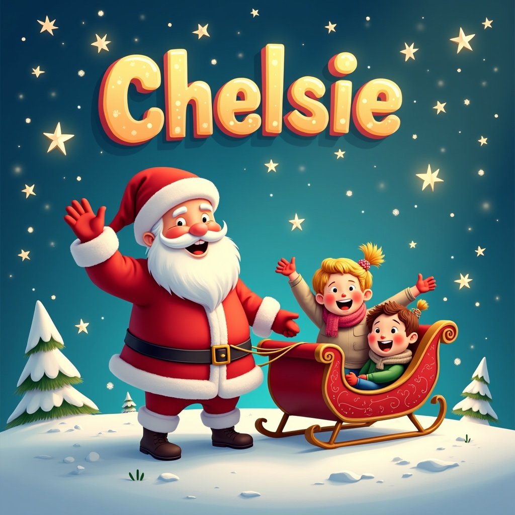 Christmas scene displays joyful Santa Claus in snow. Santa waves happily while pulling a sleigh with excited children. The name 'Chelsie' appears in bright glowing letters. The backdrop features stars and snowflakes, enhancing the happy holiday vibe.