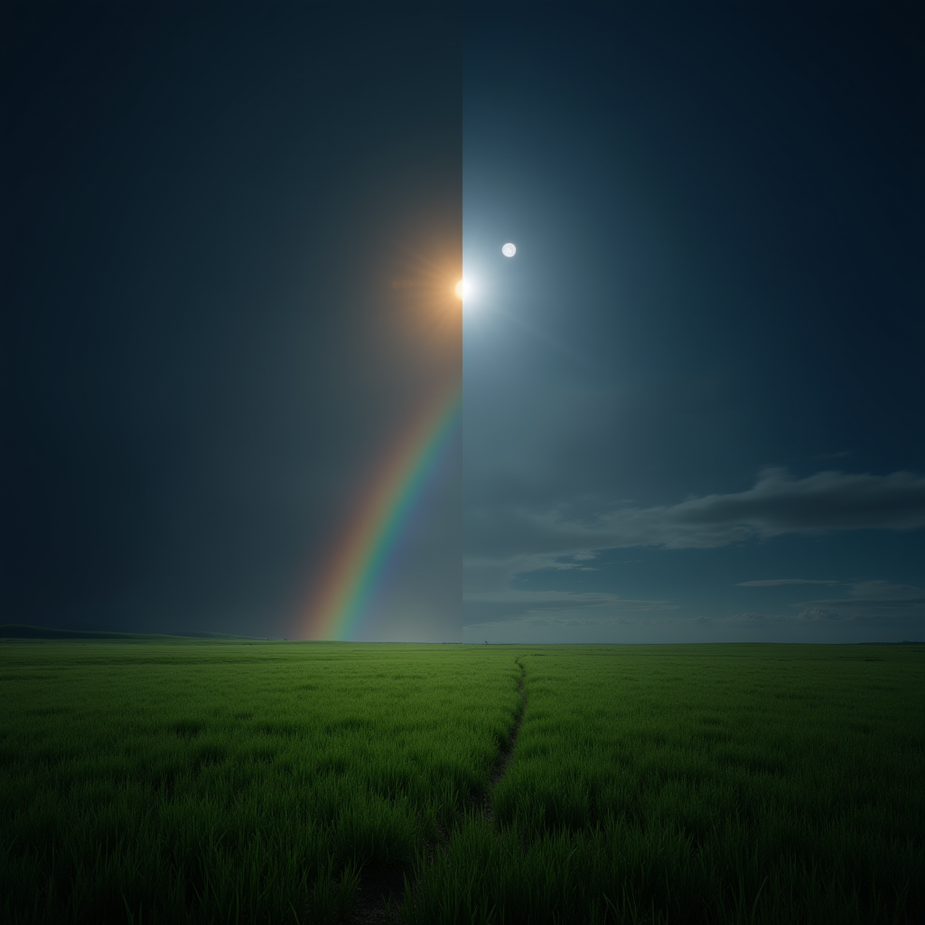 A serene landscape featuring a rainbow with a sun and moon in a twilight sky.