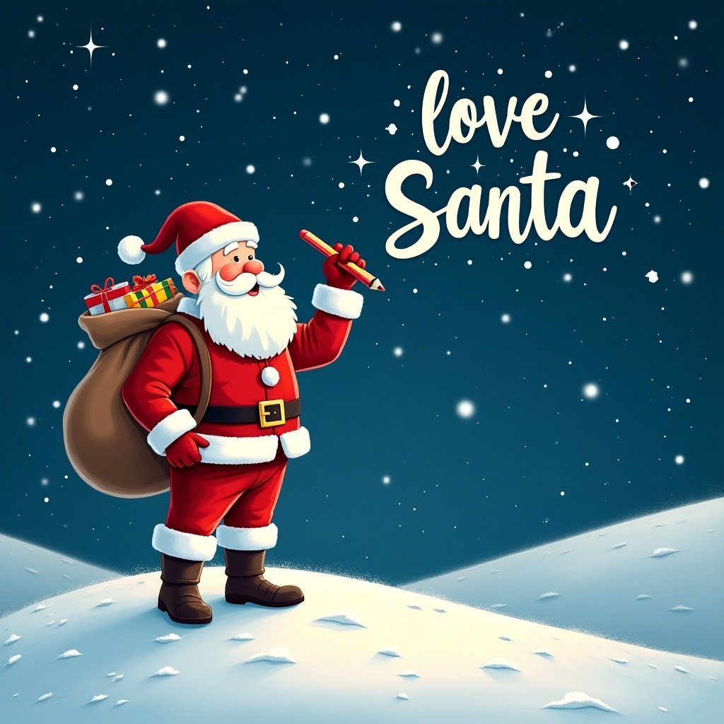 Santa Claus stands on a snowy hill under a starry night sky. Santa is in red and white attire. A large sack of gifts rests on his back. He writes names in the sky with a pencil. The name 'love Santa' appears in a whimsical font.